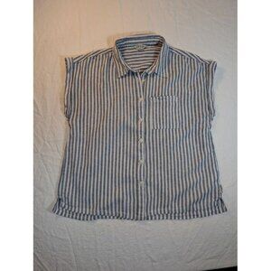 ORVIS Blue White Striped Linen Blend Button SZ medium Nautical Beach Blouse M4